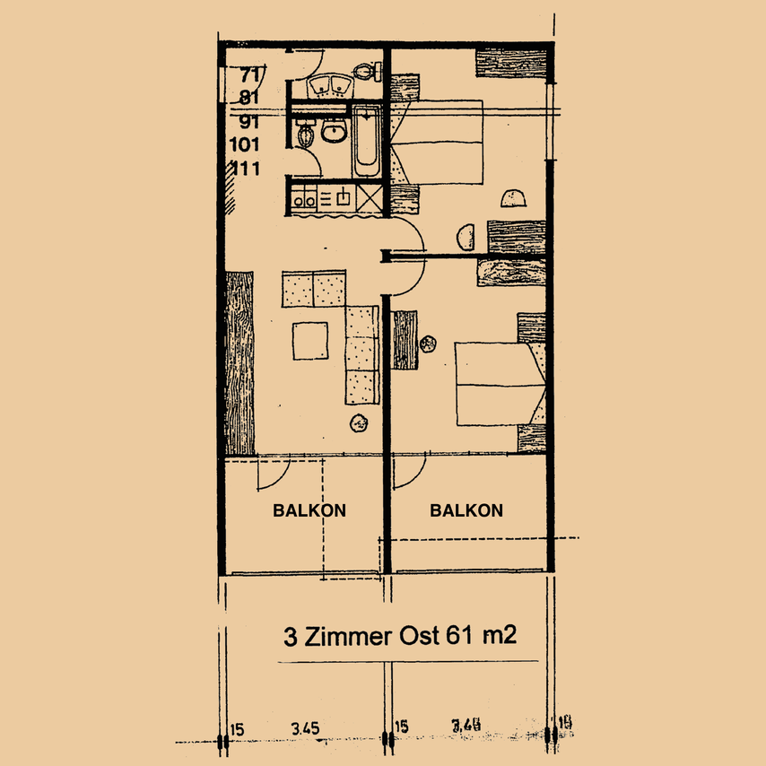 Grundriss 3-Zimmer-Wohnung Ost